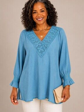 Roaman's Teal Blue Gauze Lace Long Sleeve Tunic L - NWOT